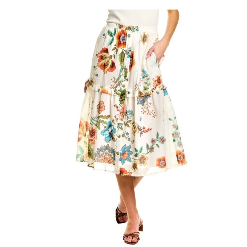 Johnny Was A-line Midi Skirt Size-L White/Multicolor Floral